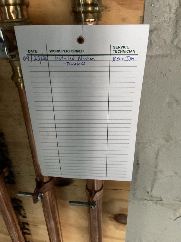 Installed new Navien NPE-240A2 tankless water heater with recirculation system to replace existing conventional water heating unit. Replaced existing expansion tank with new S12 4.5-gallon water heater expansion tank during installation. All copper piping connections, brass fittings, and pressure relief components were properly installed and tested for proper operation.