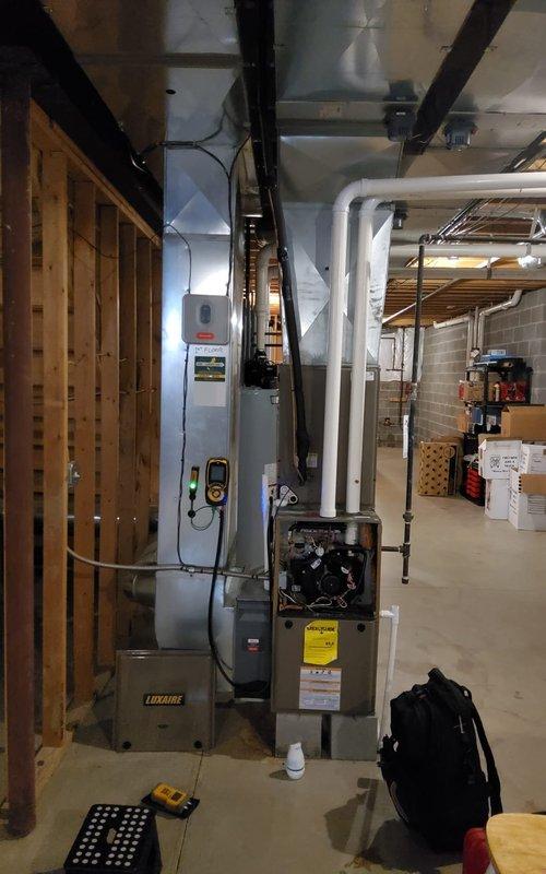 Completed comprehensive heating maintenance tune-up on two residential furnace systems: a 10-year-old Bryant unit and a 6-month-old Luxaire unit. Performed standard seasonal inspections including filter checks, burner assembly cleaning, heat exchanger examination, blower motor lubrication, thermostat calibration, and combustion analysis on both systems to ensure safe and efficient operation for the heating season.