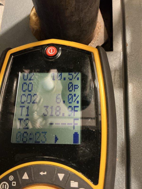 Completed preventive maintenance on two boiler systems: one steam boiler and one hot water boiler. Performed combustion analysis with readings showing CO2 at 6.0% and flue temperature at 318.9°F, indicating proper combustion efficiency. Inspected all mechanical components, piping systems, expansion tank, valves, safety controls, and electrical connections on both units to ensure optimal operation for the heating season.