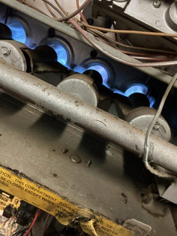 Responded to no heat call on 5-year-old gas furnace. Upon arrival, performed system diagnostics and found furnace operational with burners igniting properly and producing healthy blue flames across all four burners. Verified gas supply manifold integrity, inspected ignition sequence, and confirmed proper combustion. System restored to normal heating operation.