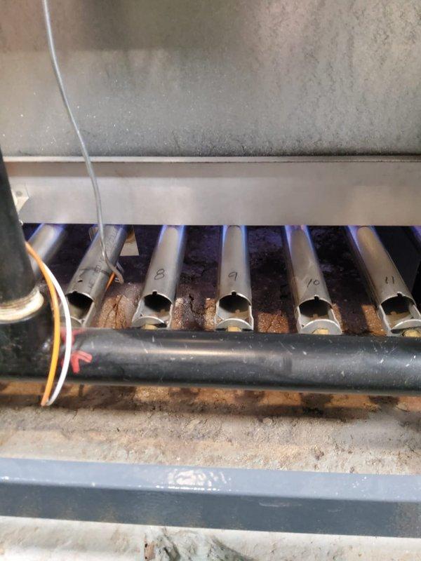 # HVAC Maintenance - Heating System Service

Completed comprehensive annual heating maintenance on a 13-year-old MVP boiler system as part of recurring Home Plan service. Performed full system inspection including burner assembly examination, where all five burner tubes were assessed for proper operation and flame characteristics. Noted normal operational wear with surface oxidation present on burner components consistent with system age.

Inspected gas manifold, ignition system components, and flame sensor wiring for proper connections and functionality. Evaluated copper piping network and hydronic distribution system, including brass valve assemblies and zone controls. Verified proper operation of zone valves and confirmed all mechanical connections were secure without leaks.

Checked control unit mounted to piping system for proper programming and operation. Tested safety controls and limit switches to ensure system shutdown protocols function correctly. Verified adequate combustion