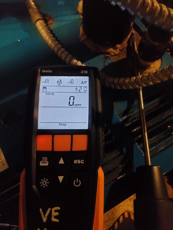Completed scheduled heating tune-up on commercial steam boiler system. Performed comprehensive combustion analysis using calibrated digital analyzer, confirming safe CO levels at 0 ppm. Inspected heat exchanger assembly, noting significant rust and corrosion present on tubes and fins requiring monitoring for future replacement consideration.