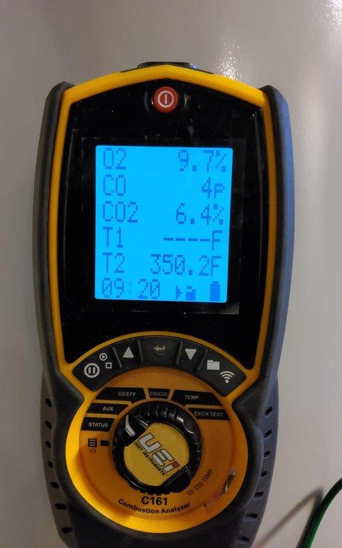 Performed comprehensive heating maintenance on an 11-year-old gas furnace located in basement. Conducted complete system inspection including combustion analysis using digital analyzer, which measured oxygen levels at 9.7%, carbon monoxide at 4 ppm, carbon dioxide at 6.4%, and flue temperature at 350.2°F. All combustion readings fell within acceptable parameters for safe and efficient operation. Inspected all ductwork connections, including metallic supply ducts and flexible insulated returns, confirming proper sealing and airflow distribution. Verified furnace components, burner assembly, heat exchanger, and blower motor operation. System tested and confirmed operational for heating season.