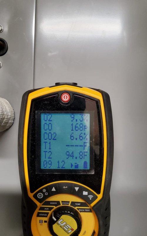 Performed routine maintenance and tune-up on an eight-year-old furnace located in utility closet with no reported issues. Conducted comprehensive system diagnostics using combustion analyzer, measuring oxygen levels at 9.3%, carbon dioxide at 6.2%, and temperature readings at 94.8°F to verify proper combustion efficiency. Inspected burner assembly during operation, confirming clean blue flame pattern across all burner ports and proper ignition sequence, while examining gas supply lines and copper piping for integrity and signs of corrosion or wear.