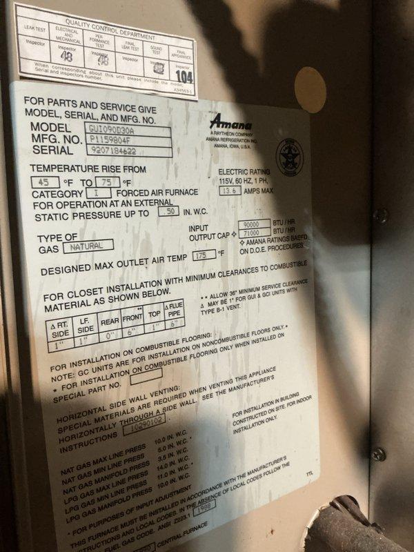 Performed heating system maintenance on an Amana furnace unit (Model 911090290A, Serial 32071884-32) located in the basement. Inspected and verified proper operation of the heating system, confirmed thermostat functionality with Honeywell Chronotherm unit set in the 70-80 degree range, and documented equipment specifications including 115V electrical requirements and 45°F-75°F temperature rise parameters. All components found operating within manufacturer specifications at time of inspection.
