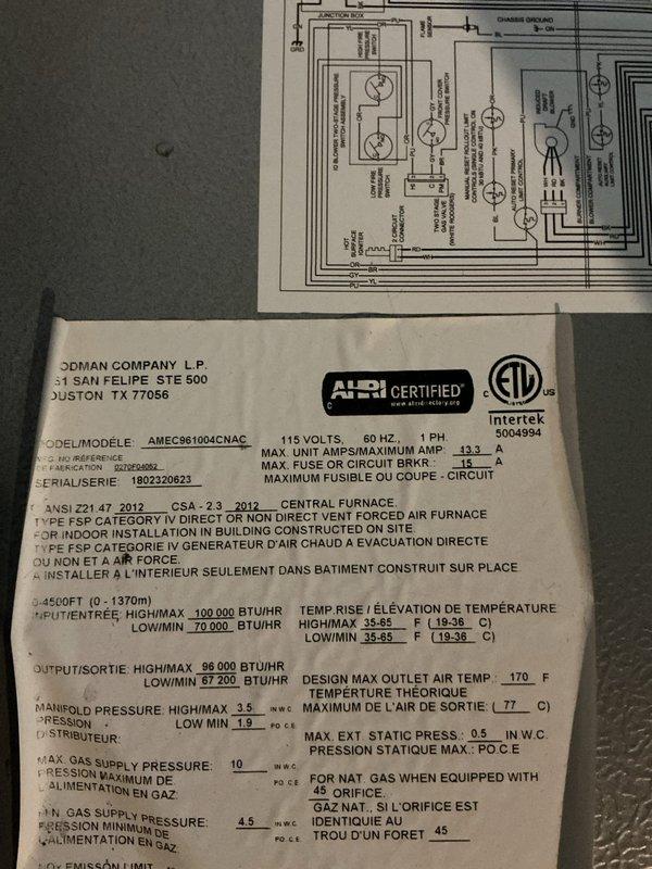 Performed comprehensive heating maintenance on a 4-year-old Goodman AMEC961004CNAC natural gas furnace rated at 100,000 BTU/HR input. Conducted full system inspection including verification of thermostat operation (Emerson digital unit displaying proper setpoint at 75°F), checked electrical specifications at 115V/60Hz/1PH, confirmed manifold pressure settings, and verified all safety controls and operational parameters per manufacturer specifications. Unit operating within normal parameters with no deficiencies noted.