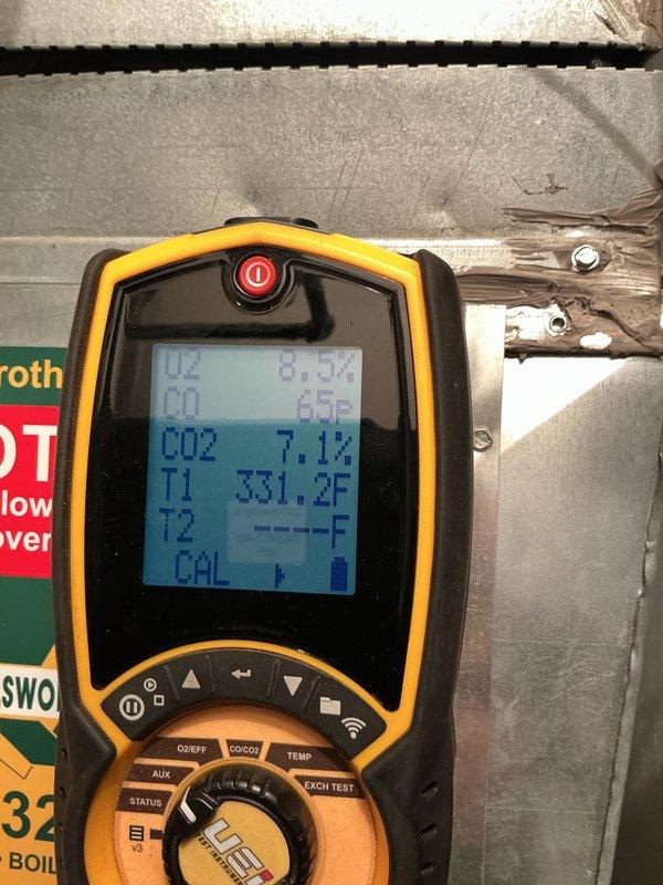 Completed heating maintenance and tune-up on 2-year-old Bryant furnace. Performed combustion analysis with readings showing CO2 at 7.1% and flue temperature at 331.2°F, indicating proper combustion efficiency. Inspected all mechanical components, connections, and ductwork with no issues found; system operating within normal parameters.