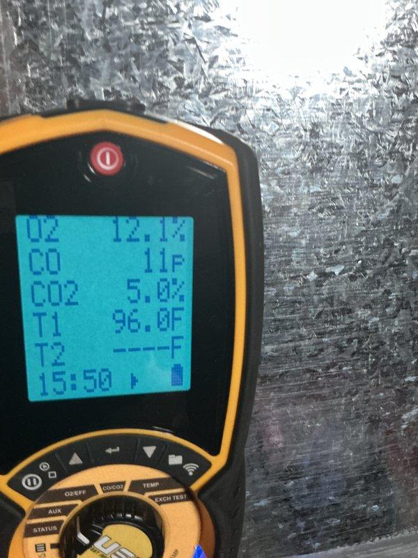 Performed seasonal tune-up on a 4-year-old gas furnace with no reported issues. Conducted combustion analysis at the flue, recording O2 of 7.1%, CO2 of 7.8%, and CO of 17 ppm with a stack temperature of 108.1°F, confirming combustion levels within acceptable range and safe, normal furnace operation.