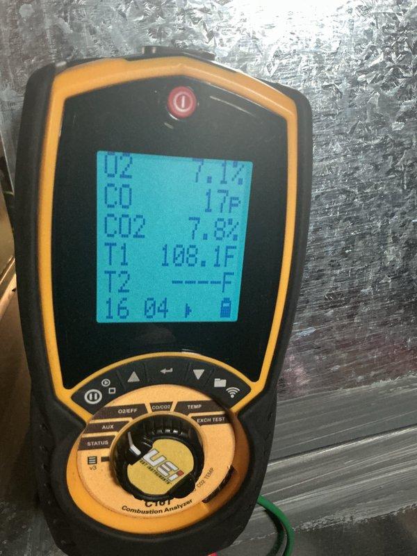 Performed seasonal tune-up on a 4-year-old gas furnace with no reported issues. Conducted combustion analysis at the flue, recording O2 of 7.1%, CO2 of 7.8%, and CO of 17 ppm with a stack temperature of 108.1°F, confirming combustion levels within acceptable range and safe, normal furnace operation.