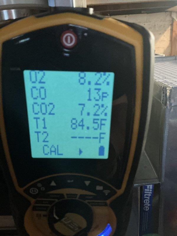 Performed annual gas furnace maintenance, including visual inspection of the burner assembly, manifold, gas valve, and wiring harness, with no signs of rust, cracks, or frost observed. Verified proper ignition and stable burner flame, then used a combustion analyzer to confirm safe operation with CO at 13 ppm, O2 at 8.2%, and CO2 at 7.2%. Furnace is operating within normal parameters.