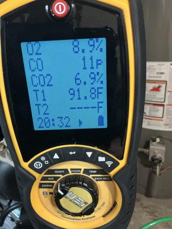 Performed a seasonal tune-up on a one-year-old basement-installed gas furnace, including inspection of components and operation. Conducted combustion analysis with a calibrated analyzer to verify safe flue gas levels and proper burner performance, with CO readings recorded at 11 ppm and 31 ppm, well within acceptable limits. Equipment operating normally at completion.
