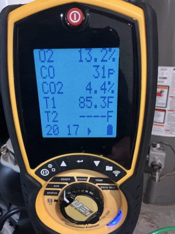 Performed a seasonal tune-up on a one-year-old basement-installed gas furnace, including inspection of components and operation. Conducted combustion analysis with a calibrated analyzer to verify safe flue gas levels and proper burner performance, with CO readings recorded at 11 ppm and 31 ppm, well within acceptable limits. Equipment operating normally at completion.