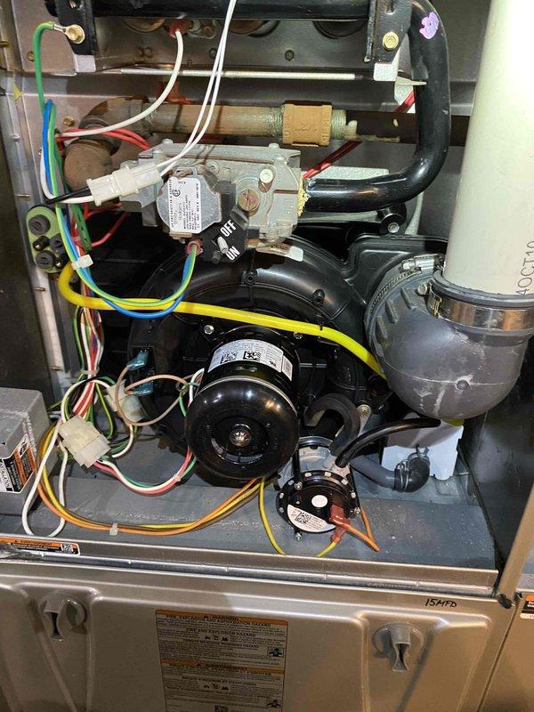 Replaced the failed inducer motor and pressure switch on the gas furnace. Verified proper draft inducer operation, pressure switch response, and burner ignition, with a stable blue flame and normal sequence of operation observed upon completion.