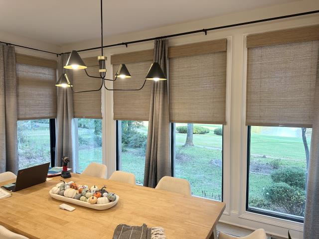 Custom Cordless and Motorized Woven Wood Roman Shades w/ Light Filtering and BO Liner in Newnan, GA. 