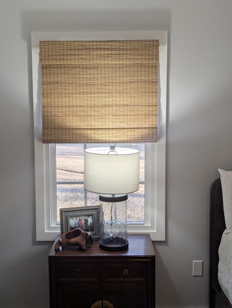 Custom Cordless Woven Wood Roman Shades w/ Blackout Privacy Liner in Temple, GA. 