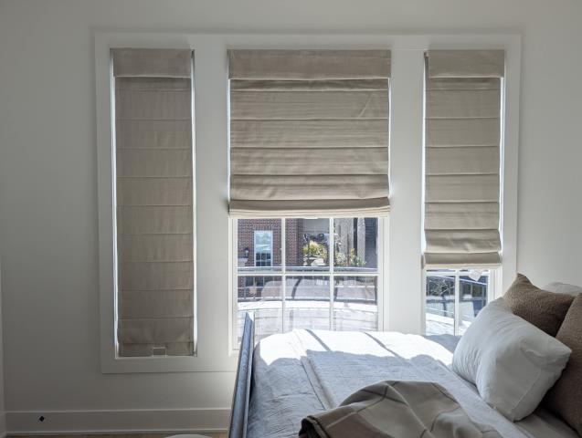 Custom Cordless Roman Shades w/ Privacy Liners in Bedrooms installed in the Trilith Community in Fayetteville, GA. Custom Cordless Roman Shades w/ Privacy Liners in Bedrooms installed in the Trilith Community in Fayetteville, GA.