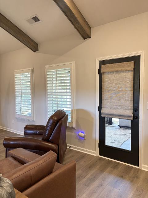 Custom Plantation Shutters and Custom Cordless Woven Wood Roman Shades project completed in Roopville, GA. 