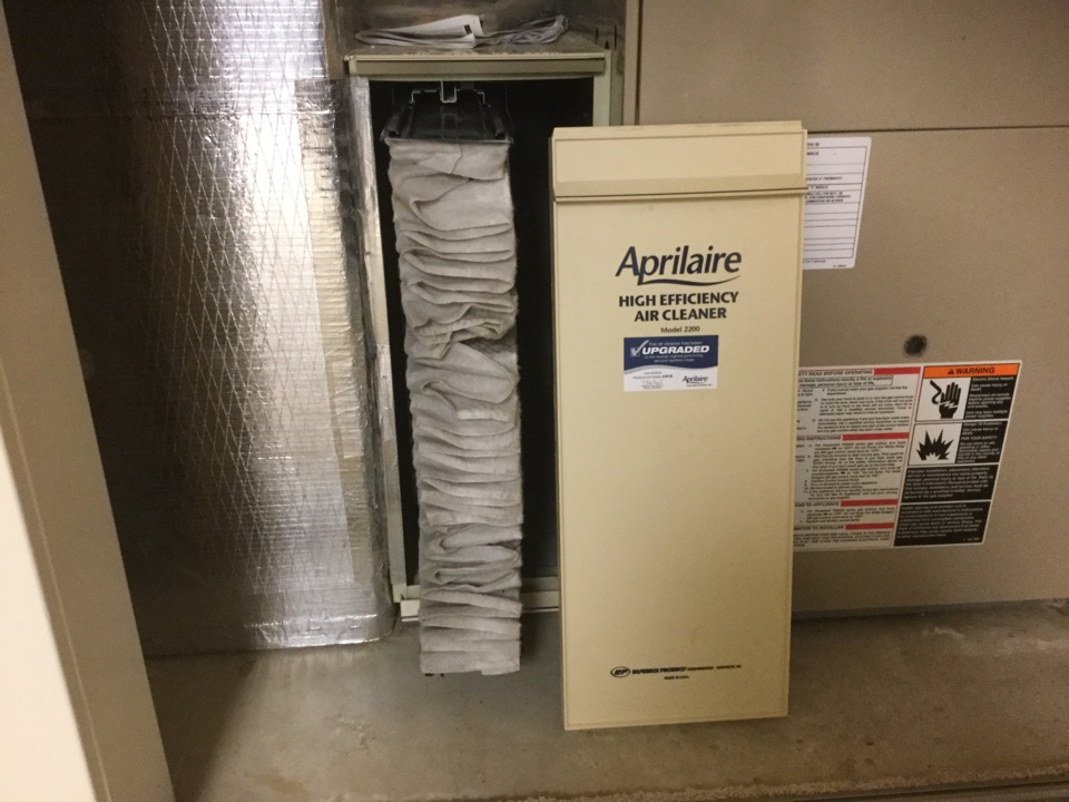West Brandywine Township, PA - This is an Upgraded Aprilaire High Efficiency Air Filter. The original housing is bigger because it fit an older style Aprilaire Filter. The Upgrade Kit allows us to use a newer Filter which is held in place by rails on both top and bottom. This upgrade now uses a 213 Filter which is easier to replace than the original. Oh yeah, see how the Filter is Gray?! That means it needs to be changed, a new one is White! This upgrade kit was installed several years ago by a different company. West Brandywine Township, PA - This is an Upgraded Aprilaire High Efficiency Air Filter. The original housing is bigger because it fit an older style Aprilaire Filter. The Upgrade Kit allows us to use a newer Filter which is held in place by rails on both top and bottom. This upgrade now uses a 213 Filter which is easier to replace than the original. Oh yeah, see how the Filter is Gray?! That means it needs to be changed, a new one is White! This upgrade kit was installed several years ago by a different company.