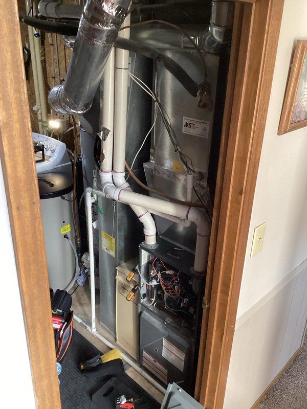 Completed scheduled Preventative Maintenance Agreement (PMA) on customer's furnace system. Inspected all components including ductwork, condensate drain lines, electrical connections, and main furnace unit housed in utility closet. System appears to be in normal operational condition with no significant issues noted during maintenance service.