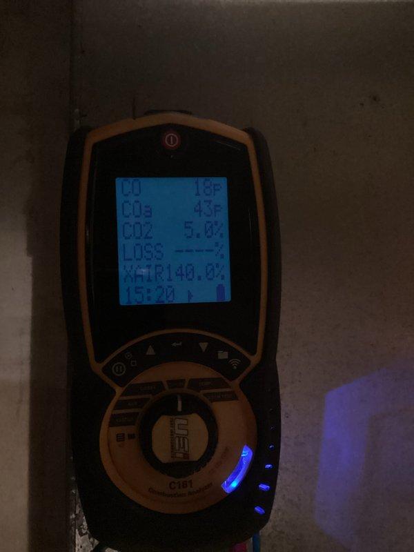 Performed scheduled furnace preventative maintenance and tune-up on one air handler unit. Conducted comprehensive combustion analysis with readings showing CO2 at 5.0%, excess air at 136.8-140.0%, and monitored CO levels. All system parameters were verified to be within manufacturer specifications.