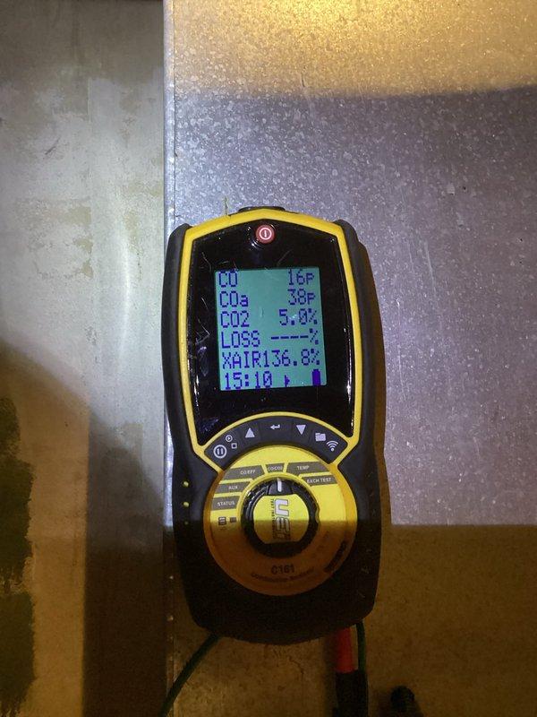 Performed scheduled furnace preventative maintenance and tune-up on one air handler unit. Conducted comprehensive combustion analysis with readings showing CO2 at 5.0%, excess air at 136.8-140.0%, and monitored CO levels. All system parameters were verified to be within manufacturer specifications.