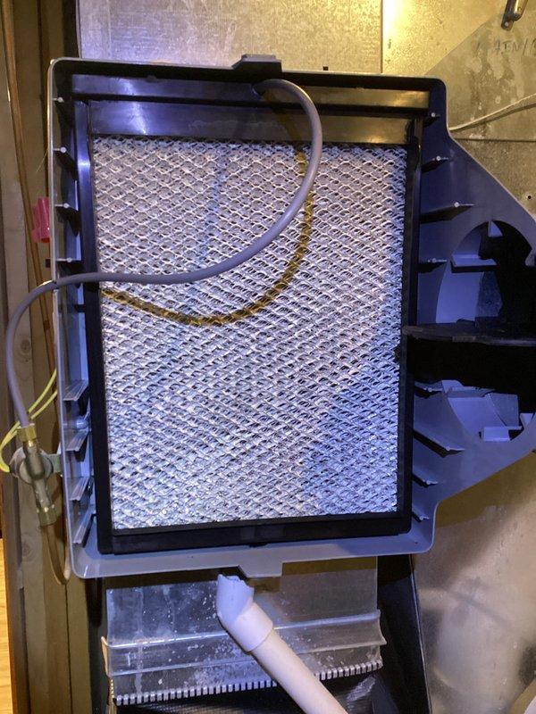 Performed scheduled preventative maintenance agreement service on furnace system. Inspected humidifier unit, noting mineral deposit buildup on evaporative pad requiring attention. Examined air filter assembly which showed visible dust accumulation in filter medium, indicating normal usage patterns.