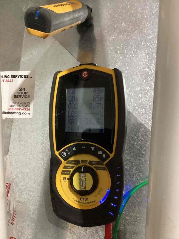 Performed scheduled furnace preventative maintenance agreement service. Conducted complete combustion analysis using UEi C161 analyzer to verify proper operation parameters. Inspected Lennox furnace system including ventilation components, ductwork, and connections to ensure optimal performance and safety.