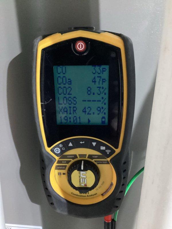 Performed scheduled furnace preventative maintenance agreement service. Conducted combustion analysis with readings of CO2 at 8.3%, CO at 47ppm, and excess air at 42.9%. Inspected complete furnace system and associated ductwork in basement mechanical room.