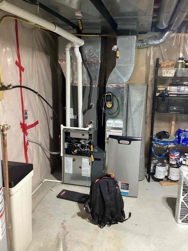 Performed scheduled furnace preventative maintenance agreement service. Conducted combustion analysis with readings of CO2 at 8.3%, CO at 47ppm, and excess air at 42.9%. Inspected complete furnace system and associated ductwork in basement mechanical room.