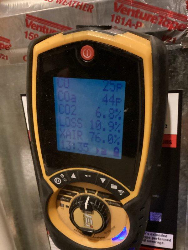 Performed standard tune-up on Bryant system with 1X air handler. Conducted combustion analysis with readings of 25°F temperature, 6.0% CO2, 10.9% loss, and 76.0% excess air. Inspected furnace unit and air handler connections, verifying proper installation of intake/exhaust PVC piping and duct sealing. System operational with no issues detected.