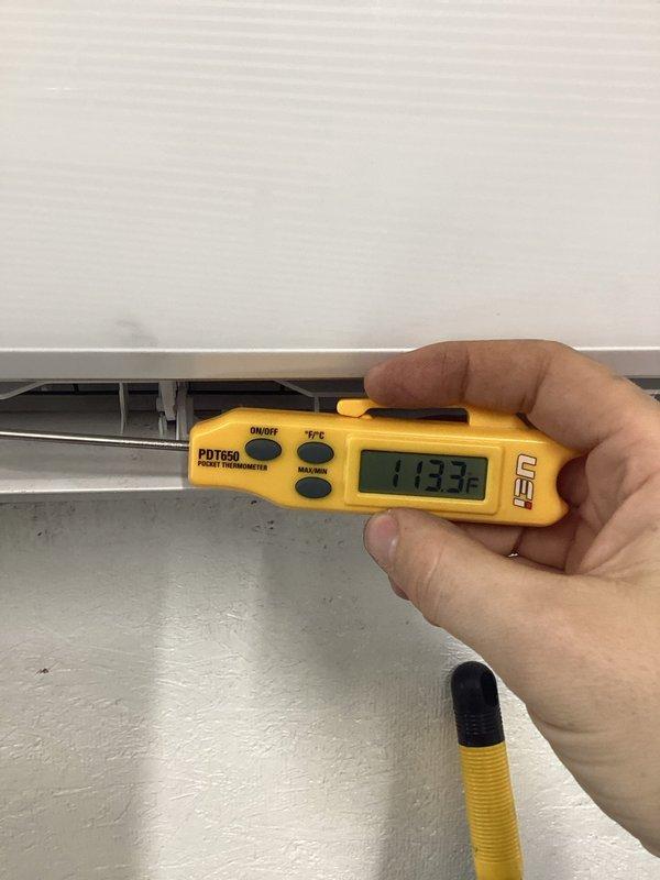 Responded to service call for mini split system in garage not providing heat. Diagnostic testing revealed supply air temperature of 11.3°F and return air temperature of 113.3°F, confirming system was low on refrigerant. Successfully recharged system with appropriate refrigerant to restore proper heating function.