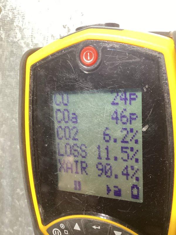 Performed standard tune-up on air handler unit. Conducted combustion analysis with readings of 24F supply, 46F return, CO2 at 6.2%, system loss at 11.5%, and excess air at 90.4%. Inspected furnace interior components including wiring, motor, and electrical connections; all components functioning normally with no issues identified.