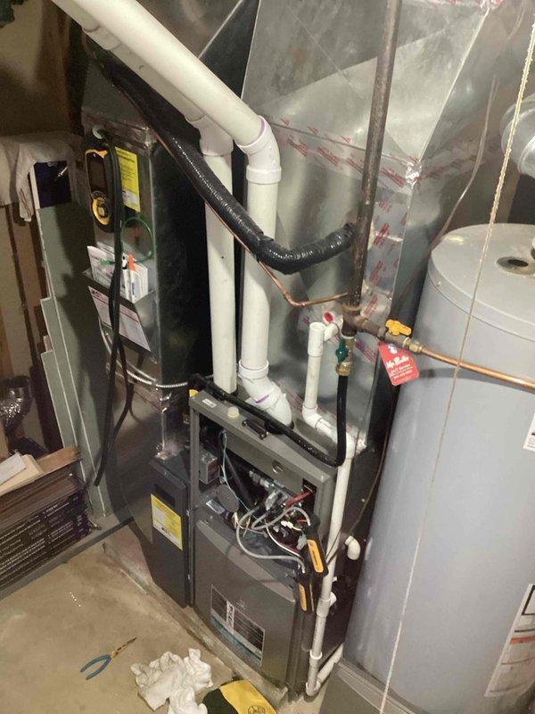 Performed scheduled furnace preventative maintenance agreement service with arrival between 11am-12pm. Conducted comprehensive furnace tune-up including combustion analysis (readings: CO: 26 PPM, CO3: 36 PPM, CO2: 8.1%, air: 46.3%) to verify optimal system operation and efficiency. Inspected all system components and connections including ventilation pipes, ductwork, and safety controls.