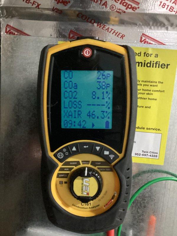 Performed scheduled furnace preventative maintenance agreement service with arrival between 11am-12pm. Conducted comprehensive furnace tune-up including combustion analysis (readings: CO: 26 PPM, CO3: 36 PPM, CO2: 8.1%, air: 46.3%) to verify optimal system operation and efficiency. Inspected all system components and connections including ventilation pipes, ductwork, and safety controls.