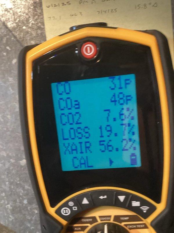 Performed scheduled preventative maintenance on residential HVAC system. Conducted comprehensive combustion analysis with readings showing CO2 at 7.6%, system loss at 19.1%, and excess air at 56.2%. Unit was operating within normal parameters with no operational issues identified.