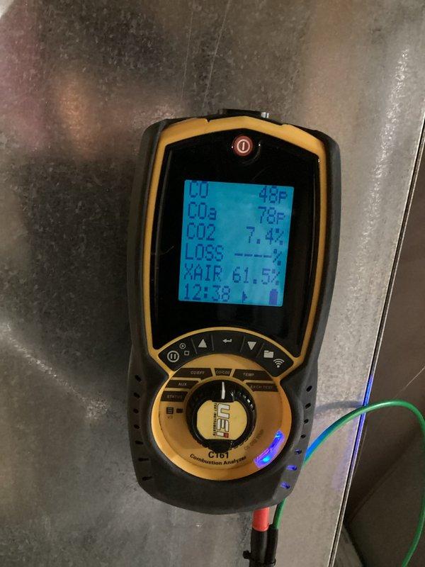 Performed comprehensive furnace preventative maintenance. Completed combustion efficiency analysis with readings showing CO2 at 7.4% and excess air at 61.5%. Verified system operation parameters were within manufacturer specifications.