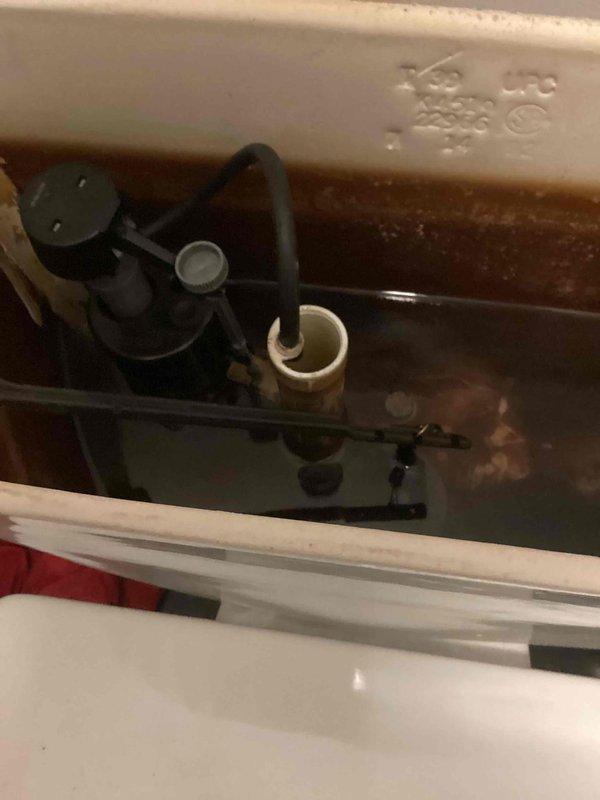 Responded to service call regarding leaking master toilet. Diagnostic inspection revealed faulty fill valve spraying water through lid during flush cycles. Photos showed significant discoloration and rust in tank interior. Removed old assembly and installed new fill valve, resolving the leak issue and restoring proper toilet operation.