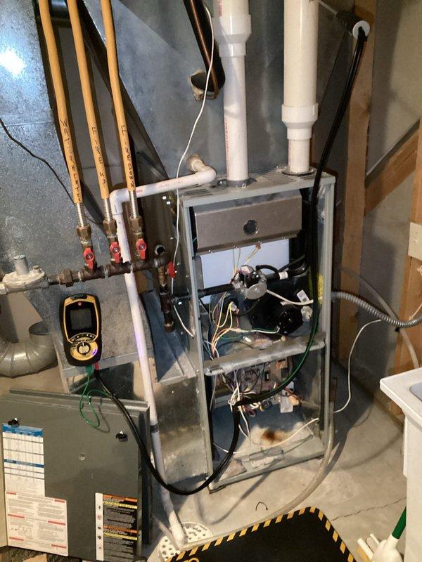 Performed scheduled air handler maintenance as per agreement during arranged morning time slot. System diagnostics revealed normal operation with combustion analysis showing CO2 at 6.1%, system loss at 11.4%, and excess air at 93.7%. No operational issues identified; unit functioning according to specifications.