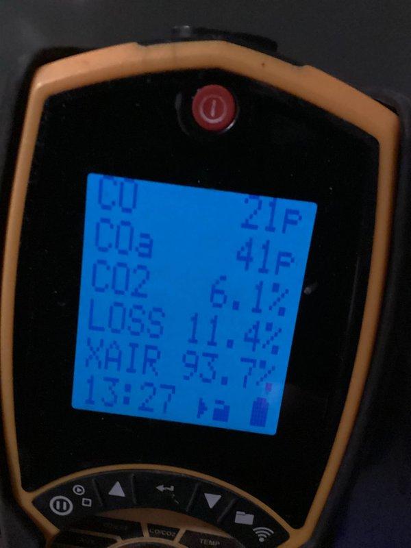 Performed scheduled air handler maintenance as per agreement during arranged morning time slot. System diagnostics revealed normal operation with combustion analysis showing CO2 at 6.1%, system loss at 11.4%, and excess air at 93.7%. No operational issues identified; unit functioning according to specifications.