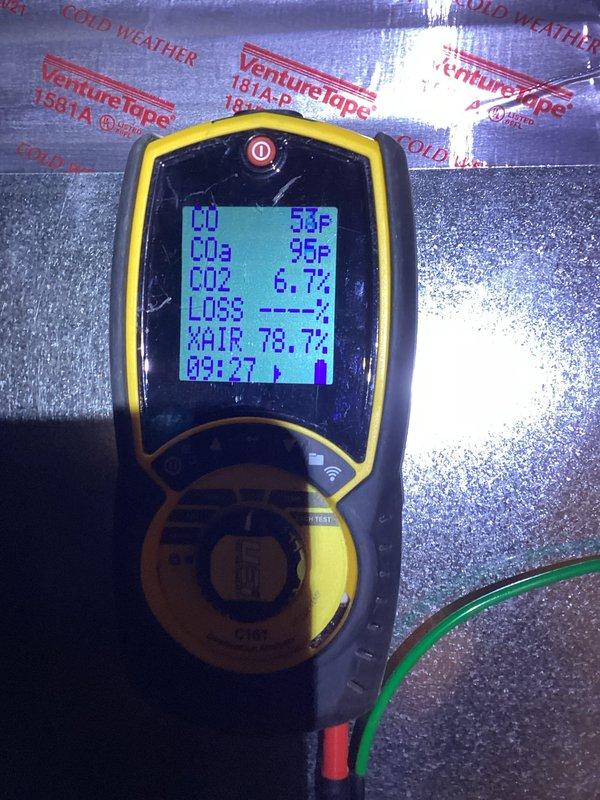 Completed scheduled furnace preventative maintenance. Conducted combustion analysis with readings of 58°F CO, 96°F CO₃, 6.7% CO₂, and 78.7% excess air at 09:27. Inspected mechanical room setup including ductwork, electrical connections, and adjacent water heater.