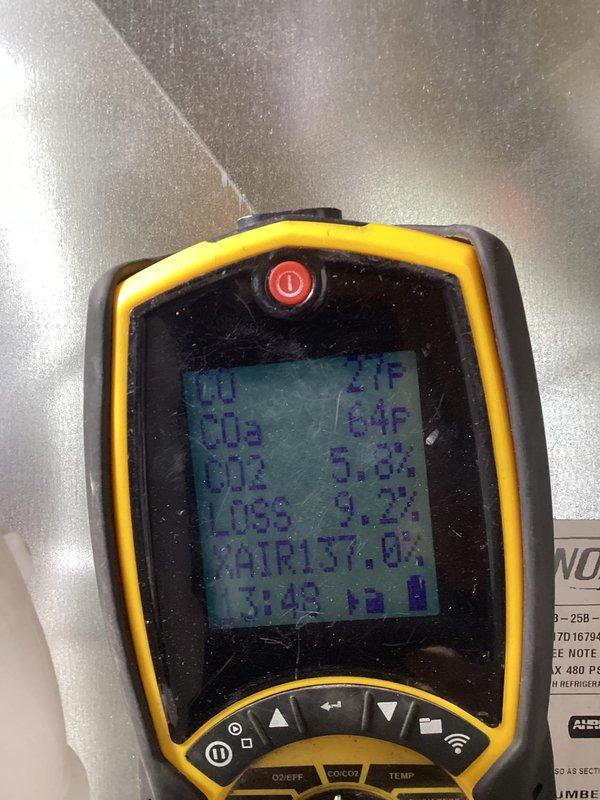 Performed routine furnace tune-up on gas heating system. Conducted combustion analysis verifying proper CO/CO2 levels and temperature readings. System operating within normal parameters with no operational issues identified.