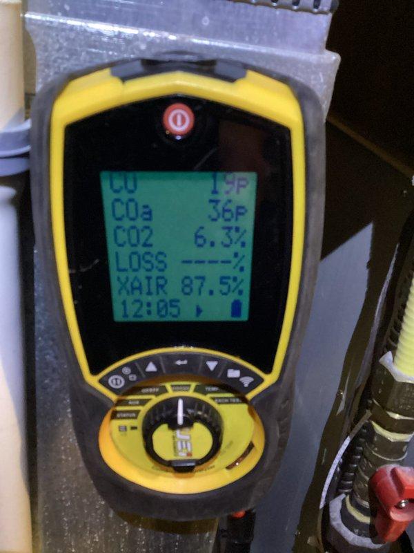 Arrived at 12:04 for scheduled furnace preventative maintenance agreement service. Performed comprehensive inspection of air handler unit in basement mechanical room, including combustion analysis testing. Diagnostic readings showed proper CO levels (19P), CO2 concentration (6.3%), and excess air ratio (87.5%), confirming system is operating within specifications.