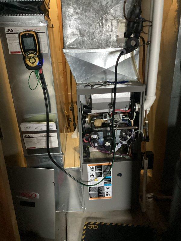 Performed scheduled preventive maintenance agreement service on residential HVAC system. Conducted comprehensive system inspection and combustion analysis using Fieldpiece analyzer, confirming proper operation with satisfactory CO2, O2, and efficiency readings. All components functioning within normal parameters; no operational issues identified.