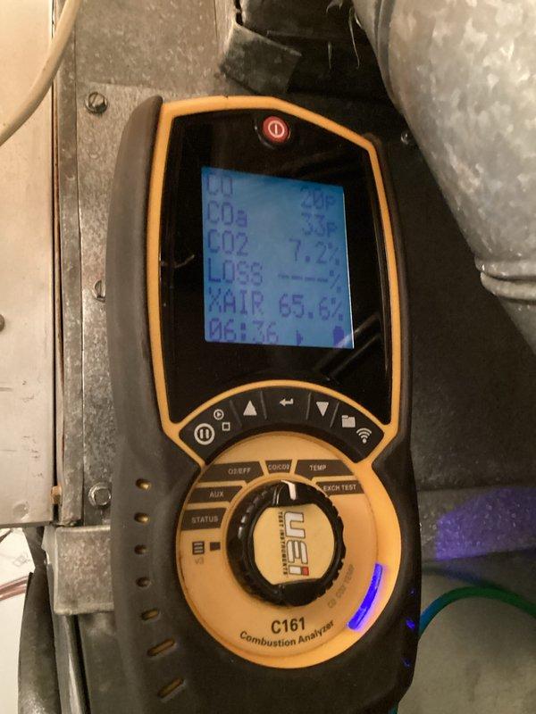 Performed scheduled preventative maintenance on residential furnace system per prepaid agreement. Conducted comprehensive combustion analysis using UEI C161 analyzer to verify efficient and safe operation. Inspected all components with special attention to ventilation system and PVC exhaust pipes; all connections and joints appear properly sealed with no issues noted.