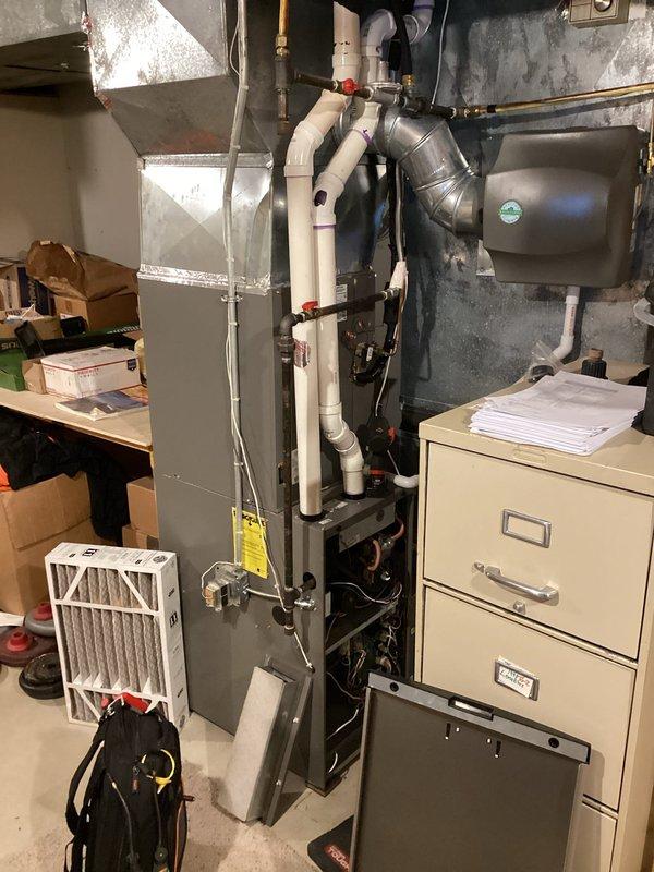 Completed scheduled preventative maintenance agreement service on a residential furnace system. Inspected unit, associated ductwork, and plumbing connections. All components were found to be functioning properly with standard signs of normal operation; no immediate repairs required.