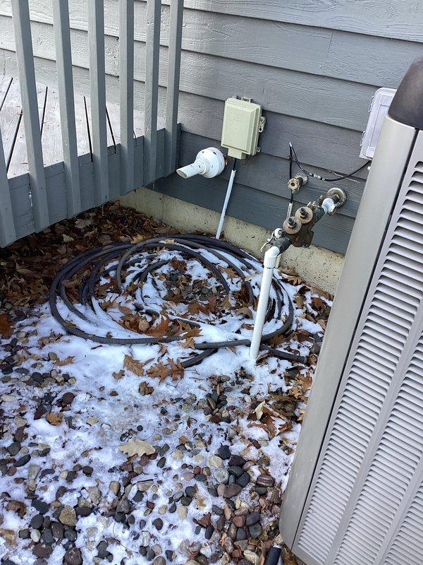 Performed scheduled Preventative Maintenance Agreement (PMA) service on the furnace system. Inspected copper piping, plumbing components, and outdoor HVAC unit. System appeared functional with some normal oxidation on copper components. Service completed during seasonal transition with snow present around the outdoor unit.