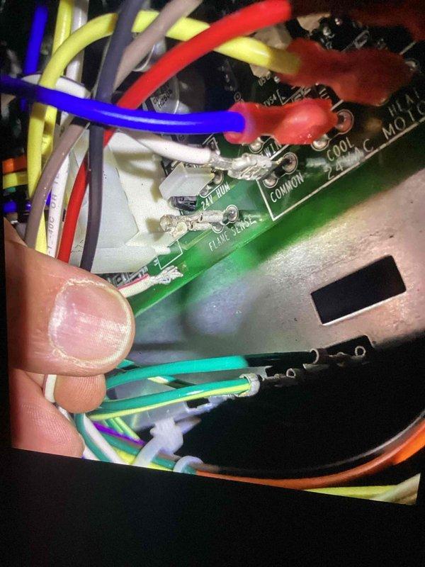 Responded to no heat complaint at commercial site. Determined installers had failed to connect sensor wire to the control board. Successfully installed new connector and properly terminated the sensor wire to the appropriate terminals, restoring heat function.