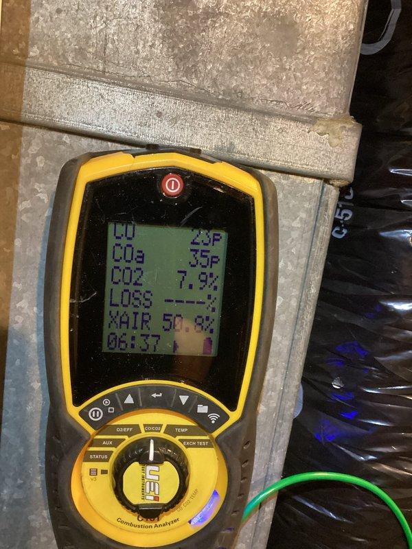 Responded to no-heat service call for a furnace with intermittent operation. Diagnosed dirty flame rod and high gas pressure as root causes. Performed cleaning of flame rod, verified proper intake/exhaust conditions, and adjusted gas pressure to manufacturer specifications. Confirmed proper combustion parameters with analyzer (CO2 at 7.9%, excess air at 50.8%) and inspected blower assembly for proper operation.