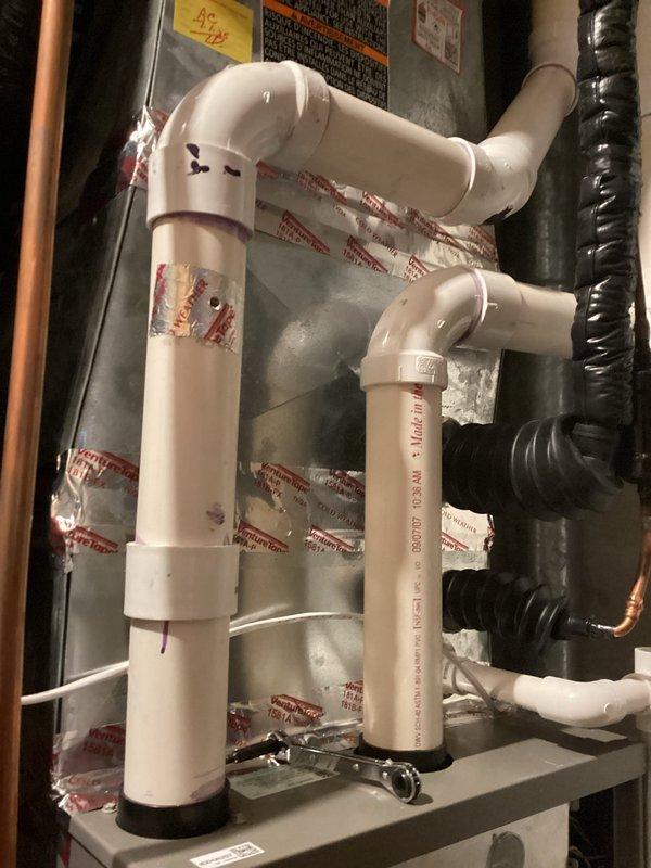 Performed scheduled preventative maintenance agreement service on air handler system. Completed comprehensive tune-up with no issues identified. Inspected condensate drain configuration and verified proper PVC piping installation with appropriate elbows and connections.