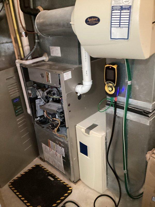 Performed scheduled preventive maintenance on residential HVAC system. Conducted comprehensive diagnostic testing with combustion analyzer showing normal CO/CO2 levels and proper system efficiency (XAIR 91.5%). Unit was operating within manufacturer specifications with no issues requiring repair.